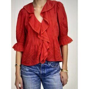Madewell $98 V-Neck Pintuck Ruffle Puff Sleeve Top Blouse Red Size S